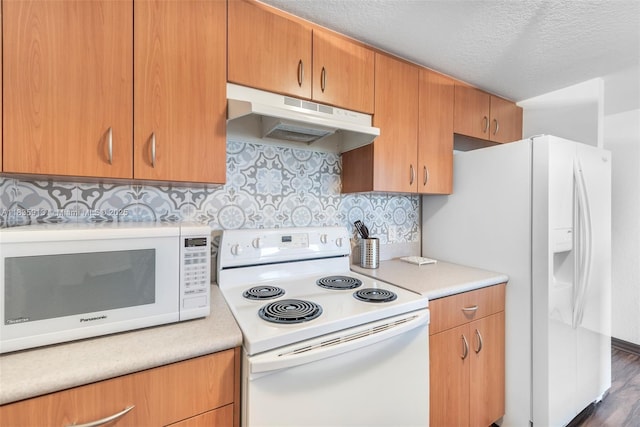 816 NW 11th St Unit 1101, Miami, FL 33136 - kitchen with white appliances, under cabinet range hood, light countertops, wood finished floors, and tasteful backsplash