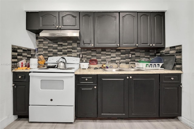 7190 NW 21st Ave, Miami, FL 33147 - kitchen with white range with electric cooktop, wall chimney range hood, light countertops, and backsplash