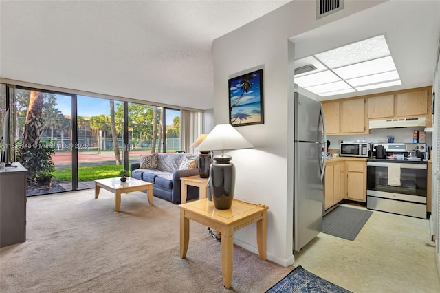 2831 SW 87th Ave Unit 702, Davie, FL 33328 - kitchen featuring stainless steel appliances, under cabinet range hood, light brown cabinetry, light carpet, and open floor plan