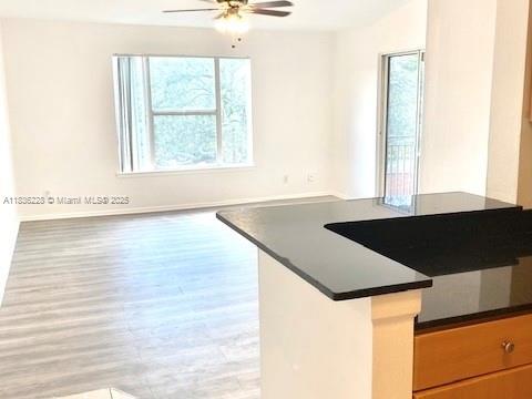 1865 Palm Cove Blvd Unit 9-306, Delray Beach, FL 33445 - kitchen with wood finished floors, dark countertops, and ceiling fan