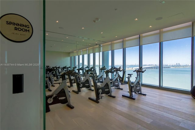 3131 NE 7th Ave Unit 1202, Miami, FL 33137 - workout area featuring floor to ceiling windows, a water view, and wood finished floors