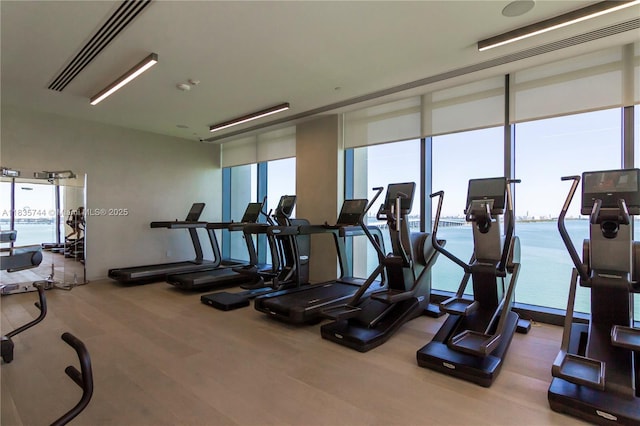 3131 NE 7th Ave Unit 1202, Miami, FL 33137 - exercise room with floor to ceiling windows and wood finished floors