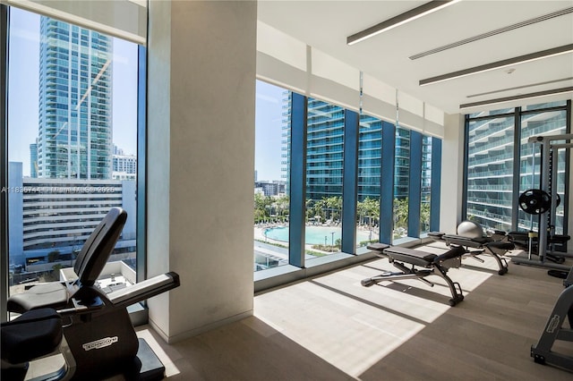 3131 NE 7th Ave Unit 1202, Miami, FL 33137 - exercise room with a view of city and wood finished floors