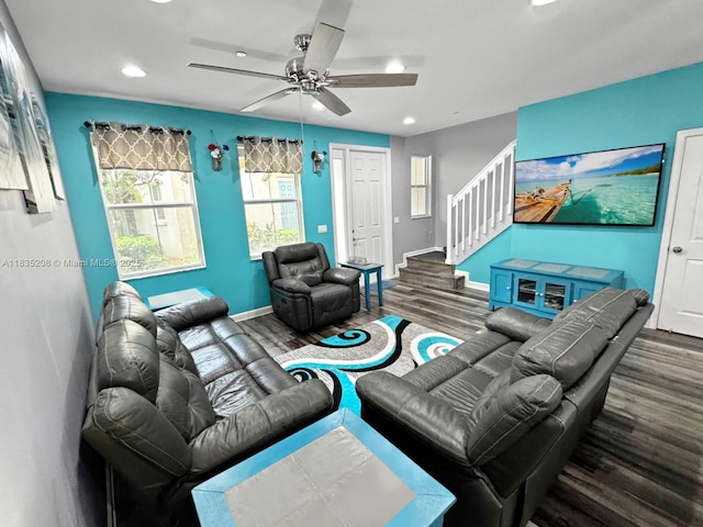 4126 Cascada Cir, Cooper City, FL 33024 - living room with wood finished floors, stairs, recessed lighting, and a ceiling fan