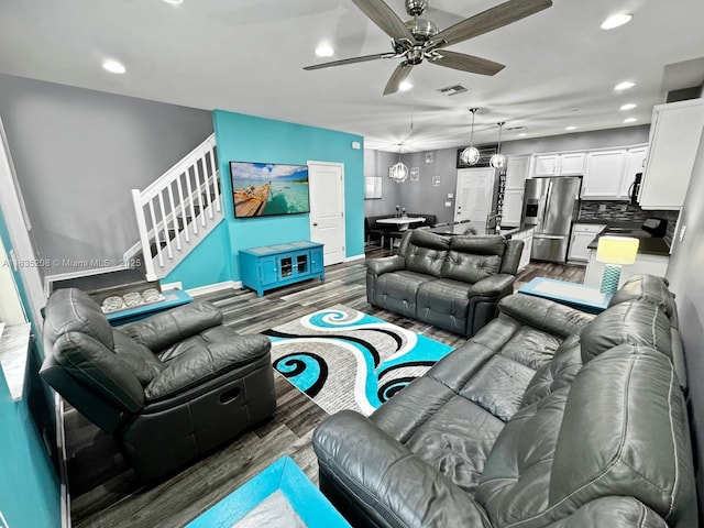 4126 Cascada Cir, Cooper City, FL 33024 - living area with dark wood-type flooring, recessed lighting, a ceiling fan, and stairs