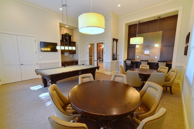 4126 Cascada Cir, Cooper City, FL 33024 - recreation room featuring crown molding, carpet, billiards table, recessed lighting, and a towering ceiling