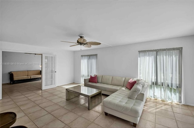 1600 S Bayshore Ln Unit 3A, Coconut Grove, FL 33133 - living room featuring light tile patterned floors, a ceiling fan, and french doors