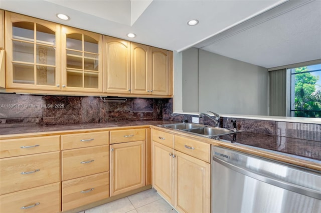 2921 SW 87th Ave Unit 511, Davie, FL 33328 - kitchen featuring stainless steel dishwasher, light brown cabinetry, recessed lighting, glass insert cabinets, and backsplash