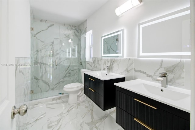 6541 SW 8th St, North Lauderdale, FL 33068 - bathroom with tile walls, two vanities, a marble finish shower, and marble finish flooring
