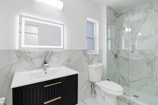 6541 SW 8th St, North Lauderdale, FL 33068 - bathroom featuring marble finish flooring, vanity, a marble finish shower, and tile walls
