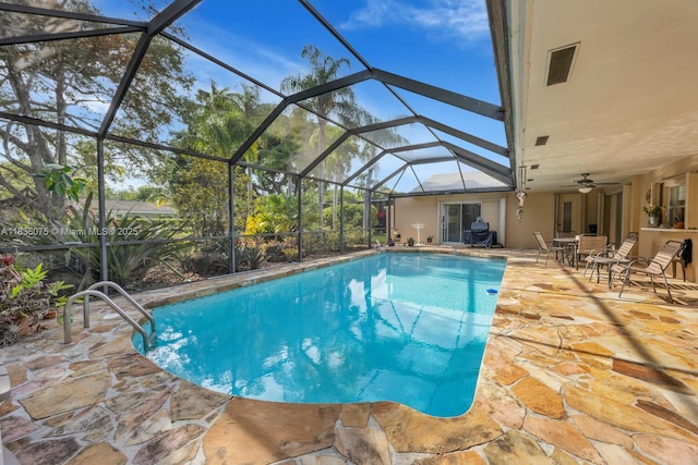 15340 SW 82nd Ave, Palmetto Bay, FL 33157 - outdoor pool with a patio area, a ceiling fan, and a lanai