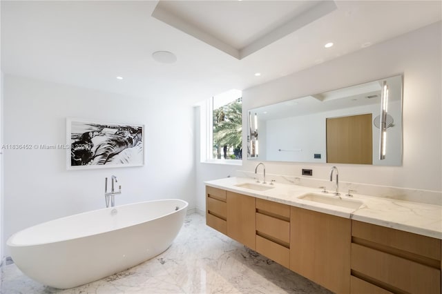 1331 Brickell Bay Dr Unit Bl-21, Miami, FL 33131 - bathroom with double vanity, a soaking tub, marble tiled floors, and recessed lighting