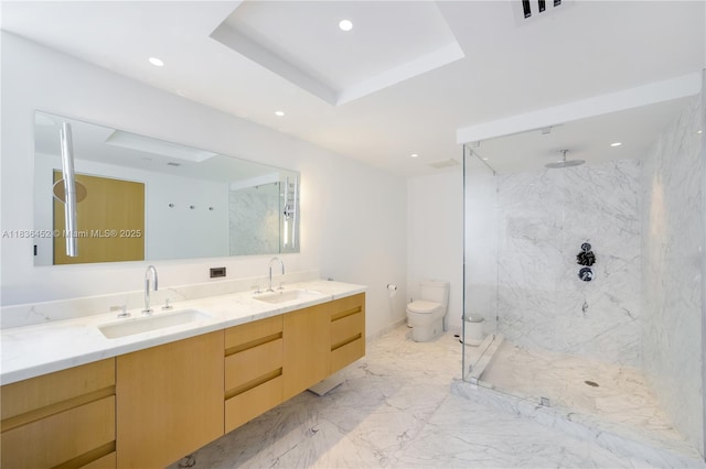 1331 Brickell Bay Dr Unit Bl-21, Miami, FL 33131 - bathroom featuring marble finish flooring, a marble finish shower, double vanity, and recessed lighting