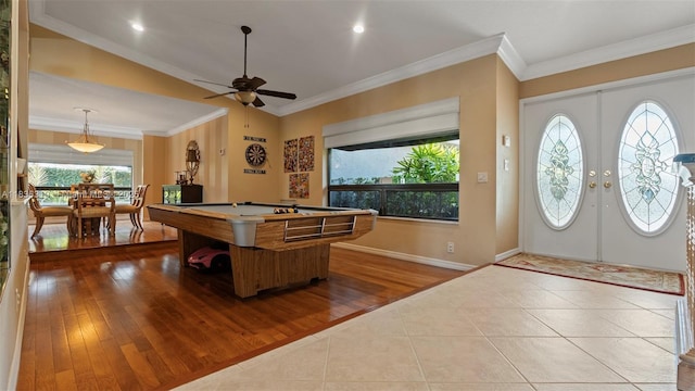 9099 NW 47th Ct, Coral Springs, FL 33067 - playroom featuring billiards, plenty of natural light, a ceiling fan, vaulted ceiling, and wood finished floors