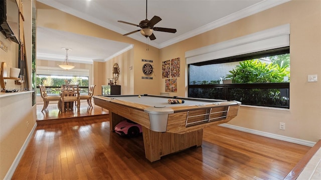9099 NW 47th Ct, Coral Springs, FL 33067 - game room with dark wood-type flooring, crown molding, a ceiling fan, lofted ceiling, and billiards