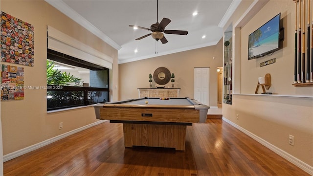 9099 NW 47th Ct, Coral Springs, FL 33067 - game room featuring ornamental molding, a ceiling fan, billiards, wood-type flooring, and recessed lighting