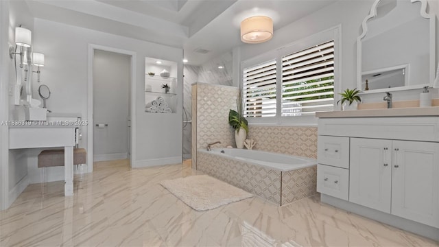 9099 NW 47th Ct, Coral Springs, FL 33067 - full bathroom featuring vanity, a walk in shower, a garden tub, and marble finish flooring