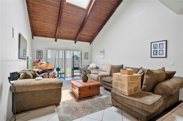 8250 NW 51st Ct, Lauderhill, FL 33351 - living room featuring a wood ceiling with exposed beams, a skylight, high vaulted ceiling, and tile patterned floors