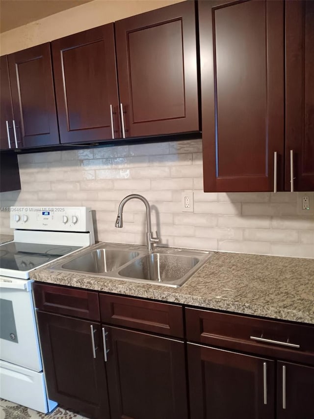 1825 NW 112th St, Miami, FL 33167 - kitchen with electric stove, decorative backsplash, dark brown cabinets, and light stone counters
