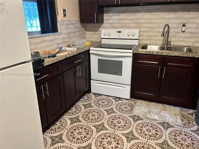 1825 NW 112th St, Miami, FL 33167 - kitchen with white appliances, tasteful backsplash, and dark brown cabinetry