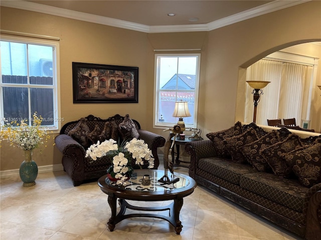 18122 NW 91st Ct, Hialeah, FL 33018 - living area featuring arched walkways, crown molding, and tile patterned floors