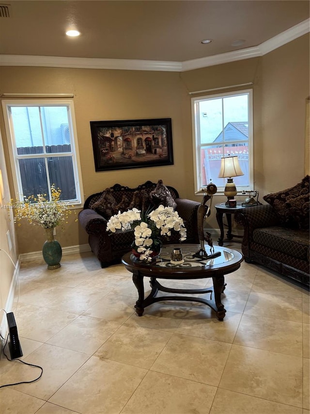 18122 NW 91st Ct, Hialeah, FL 33018 - living area with ornamental molding, light tile patterned flooring, and recessed lighting