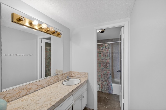 11111 Biscayne Blvd Unit 2100, Miami, FL 33181 - full bathroom with vanity, a textured ceiling, shower / bath combo with shower curtain, and concrete flooring