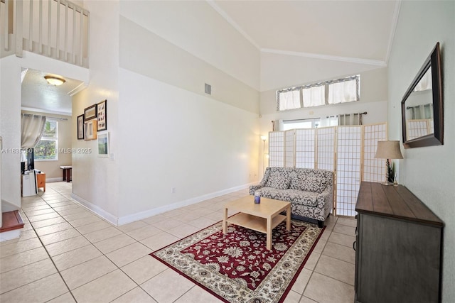 15376 NW 14th Mnr, Pembroke Pines, FL 33028 - living room featuring light tile patterned floors, high vaulted ceiling, and ornamental molding