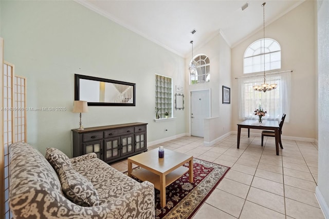 15376 NW 14th Mnr, Pembroke Pines, FL 33028 - living area with high vaulted ceiling, ornamental molding, a chandelier, and light tile patterned floors