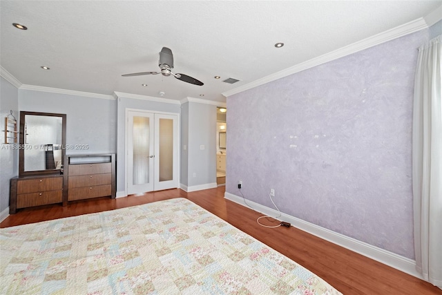 15376 NW 14th Mnr, Pembroke Pines, FL 33028 - bedroom featuring wood finished floors, ornamental molding, french doors, recessed lighting, and a ceiling fan