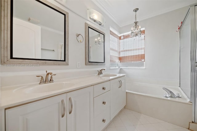 15376 NW 14th Mnr, Pembroke Pines, FL 33028 - bathroom with a chandelier, double vanity, a bath, crown molding, and tile patterned floors