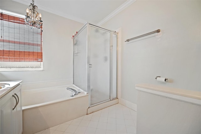 15376 NW 14th Mnr, Pembroke Pines, FL 33028 - bathroom with a shower stall, a bath, vanity, ornamental molding, and tile patterned floors