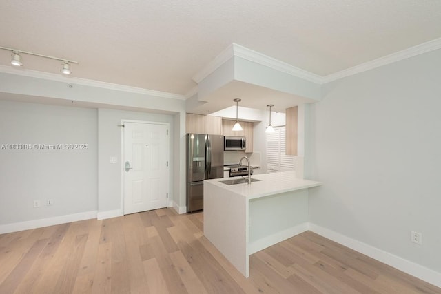 2000 N Bayshore Dr Unit 203, Miami, FL 33137 - kitchen featuring stainless steel appliances, a peninsula, light wood-type flooring, ornamental molding, and rail lighting