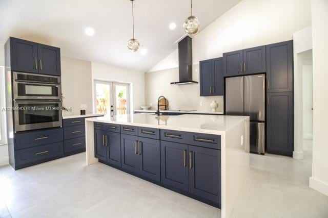 10204 Caracas St, Cooper City, FL 33026 - kitchen with appliances with stainless steel finishes, wall chimney range hood, high vaulted ceiling, light countertops, and pendant lighting