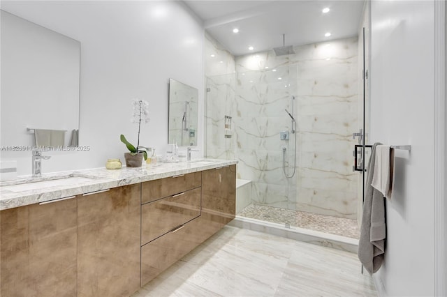 7970 SW 26th St, Miami, FL 33155 - full bath featuring recessed lighting, a marble finish shower, and double vanity