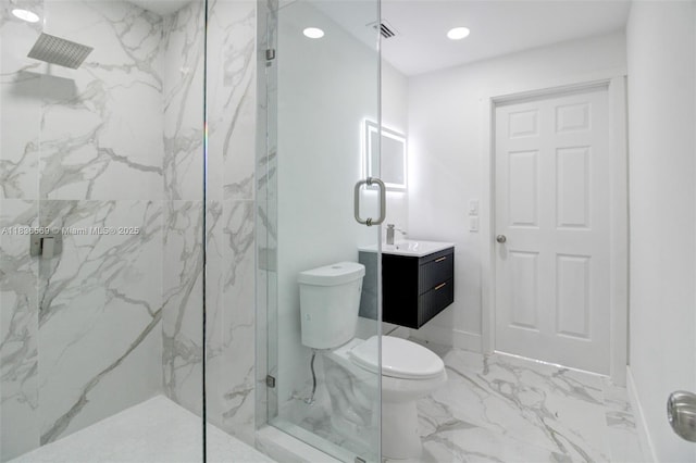 4808 Mango Dr, Tamarac, FL 33319 - bathroom with marble look tile flooring, a marble finish shower, vanity, and recessed lighting