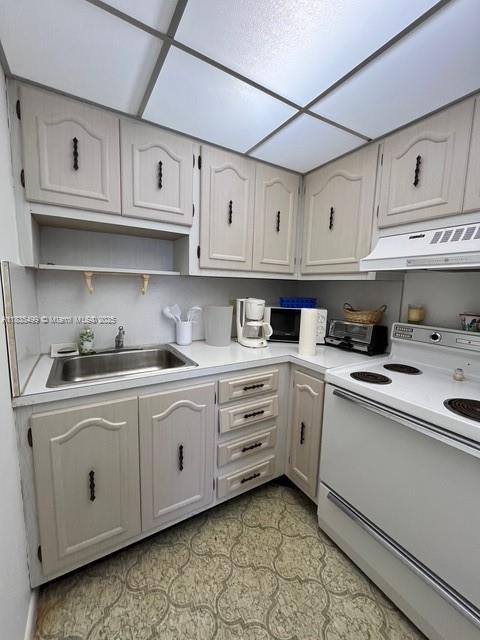301 Croton Ave Unit 203, Lantana, FL 33462 - kitchen with electric stove, under cabinet range hood, and light countertops