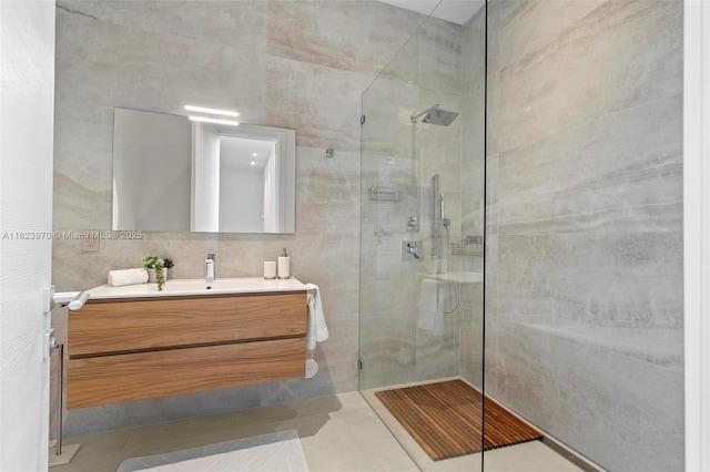 8875 SW 61st Ct, Pinecrest, FL 33156 - full bathroom with walk in shower, vanity, tile walls, and tile patterned floors