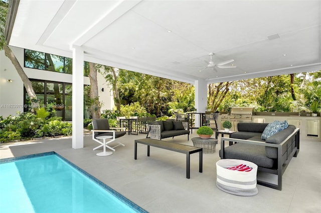 8875 SW 61st Ct, Pinecrest, FL 33156 - view of swimming pool featuring an outdoor kitchen, an outdoor living space, a patio, and a ceiling fan
