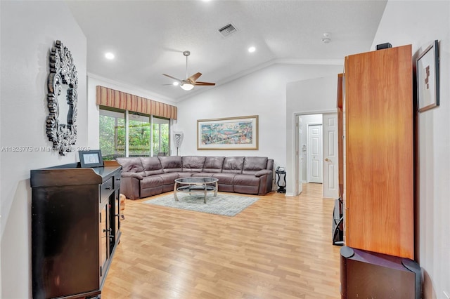 12442 NW 10th Ct Unit C-14, Coral Springs, FL 33071 - living room featuring lofted ceiling, ceiling fan, light wood-style flooring, recessed lighting, and crown molding