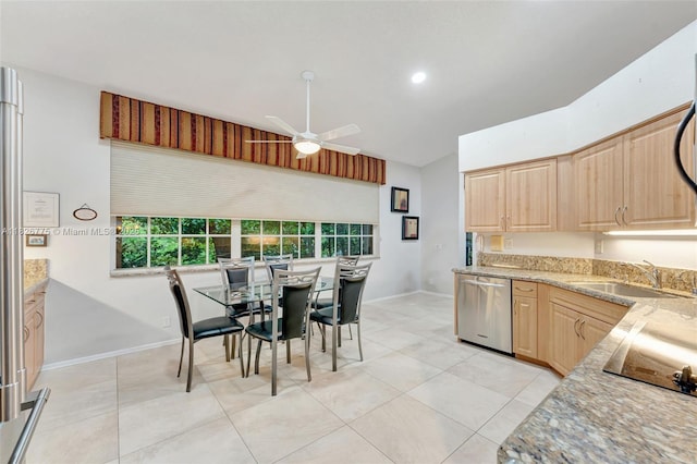12442 NW 10th Ct Unit C-14, Coral Springs, FL 33071 - kitchen with stainless steel appliances, light brown cabinets, a ceiling fan, plenty of natural light, and vaulted ceiling