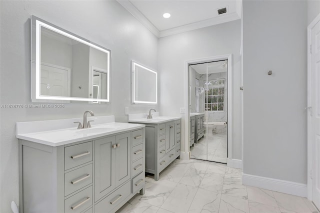 12442 NW 10th Ct Unit C-14, Coral Springs, FL 33071 - full bathroom with marble look tile flooring, two vanities, and ornamental molding