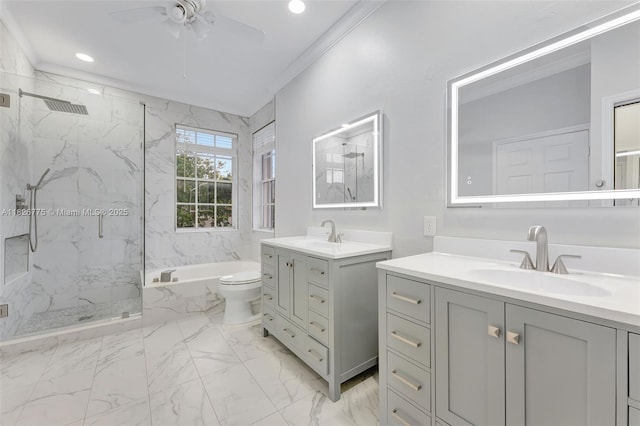 12442 NW 10th Ct Unit C-14, Coral Springs, FL 33071 - full bathroom featuring a marble finish shower, two vanities, a garden tub, marble finish floors, and ceiling fan
