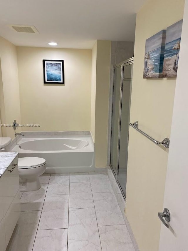 951 Brickell Ave Unit 2405, Miami, FL 33131 - bathroom with vanity, a bath, marble finish floors, a shower stall, and recessed lighting