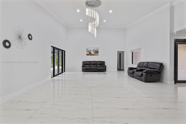 11965 SW 15th Ct, Davie, FL 33325 - living area featuring marble finish flooring, recessed lighting, crown molding, and a towering ceiling
