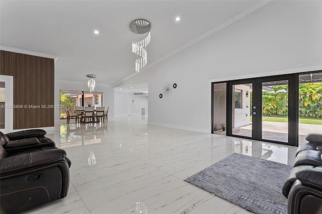 11965 SW 15th Ct, Davie, FL 33325 - living area featuring marble tiled flooring, a chandelier, high vaulted ceiling, crown molding, and recessed lighting