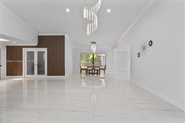 11965 SW 15th Ct, Davie, FL 33325 - hallway with crown molding, light marble finish flooring, recessed lighting, french doors, and a chandelier