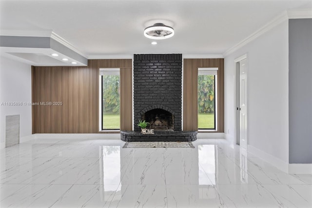 11965 SW 15th Ct, Davie, FL 33325 - unfurnished living room with ornamental molding, marble finish flooring, plenty of natural light, a fireplace, and recessed lighting