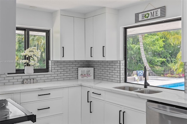 11965 SW 15th Ct, Davie, FL 33325 - kitchen with stainless steel dishwasher, backsplash, and white cabinetry