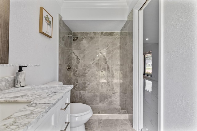 11965 SW 15th Ct, Davie, FL 33325 - full bath with marble finish flooring, vanity, crown molding, and a tile shower